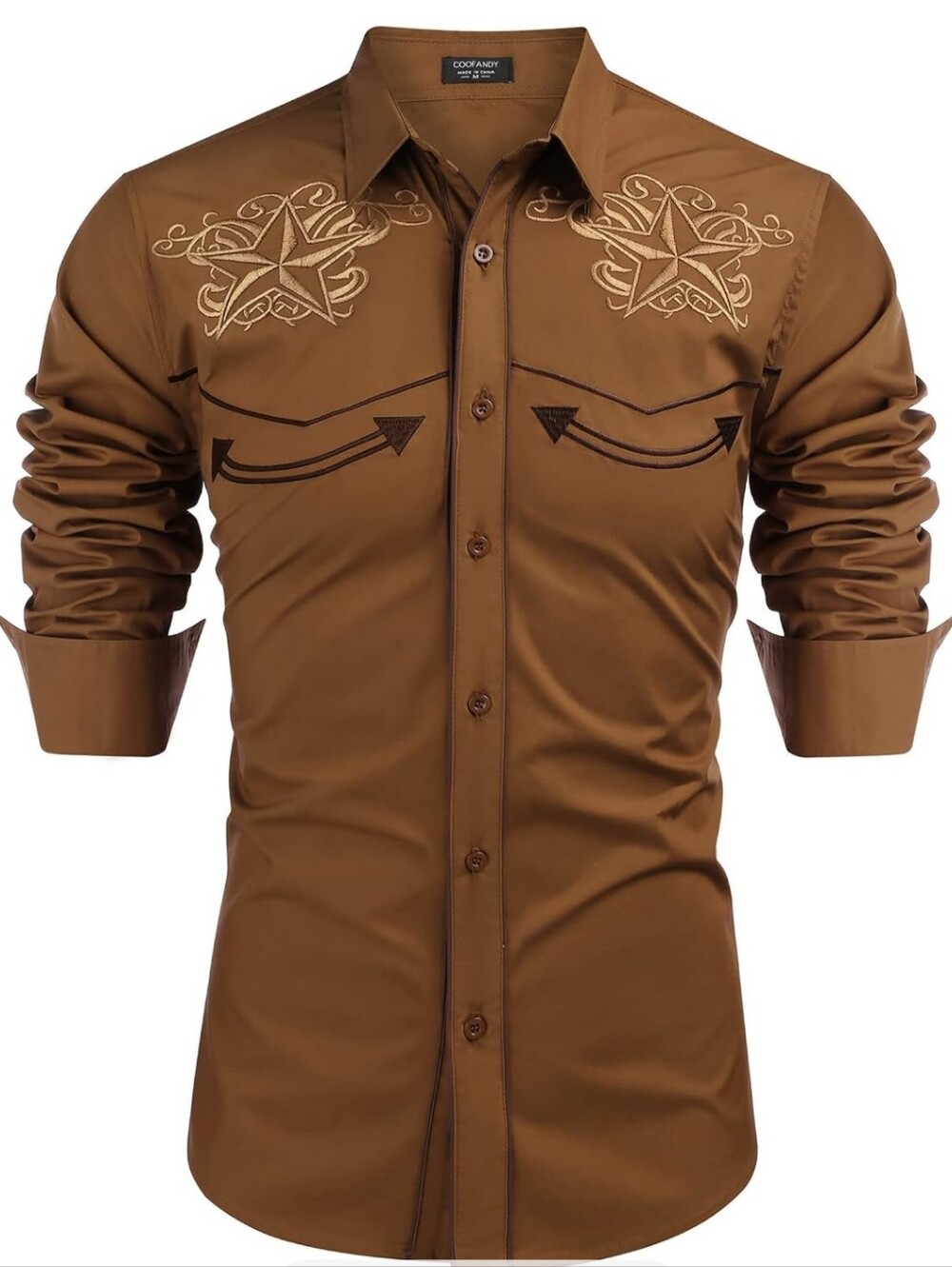Men's Brown Western-Style Embroidered Button-Down Shirt XXL